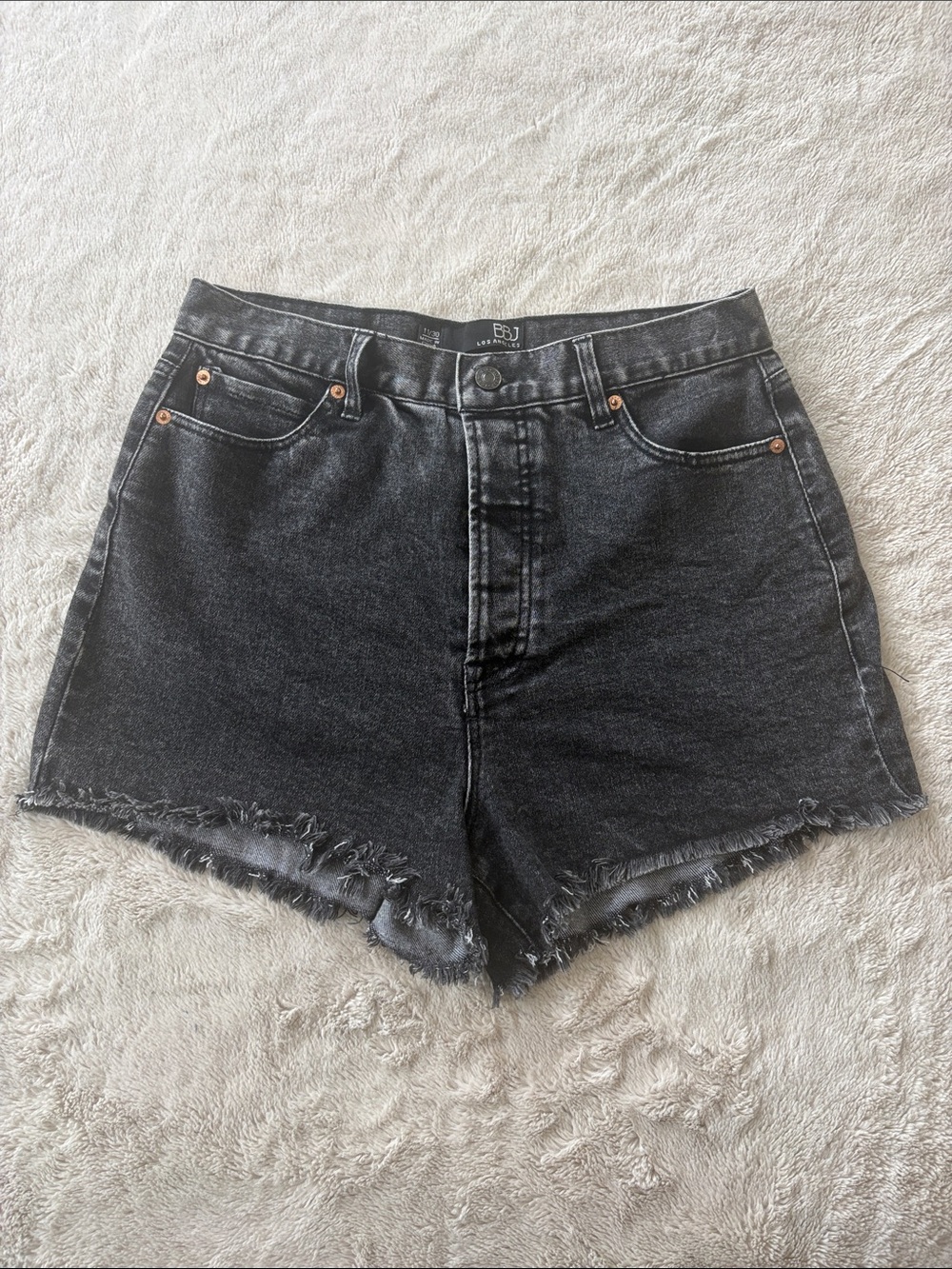 BBJ Los Angeles Washed Black High-Rise Denim Shorts with Frayed Hem